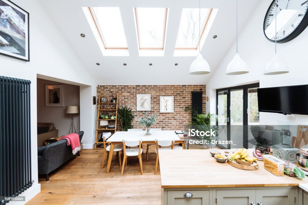Modern kitchen with roof windows